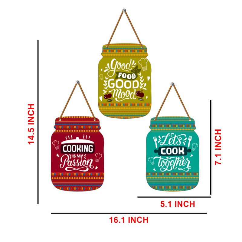 Mason Jar Shape Kitchen Wall Decor Set of 3 Wooden Hanging with Inspirational Quotes